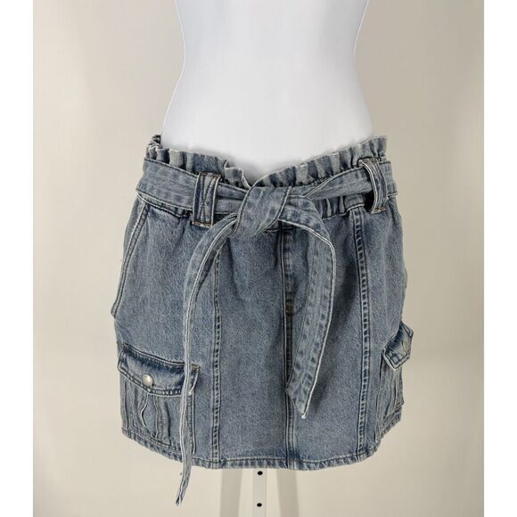 Blank NYC Dresses & Skirts - Denim Paperbag Waist Mini Skirt | Belted Jean Skirt with Cargo Pockets
